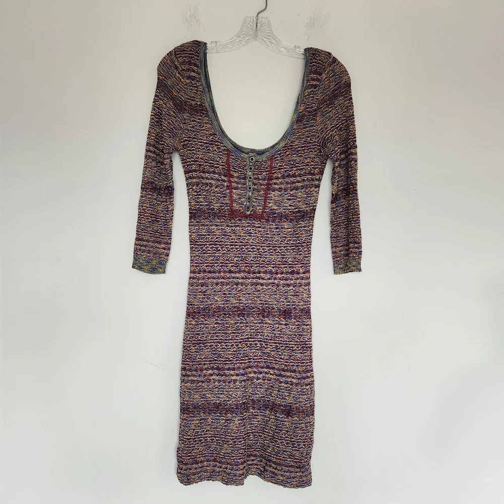 Free People Sunrise Knit Sweater Stretchy Mini Dress Purple Raven Combo Bodycon - Picture 3 of 16